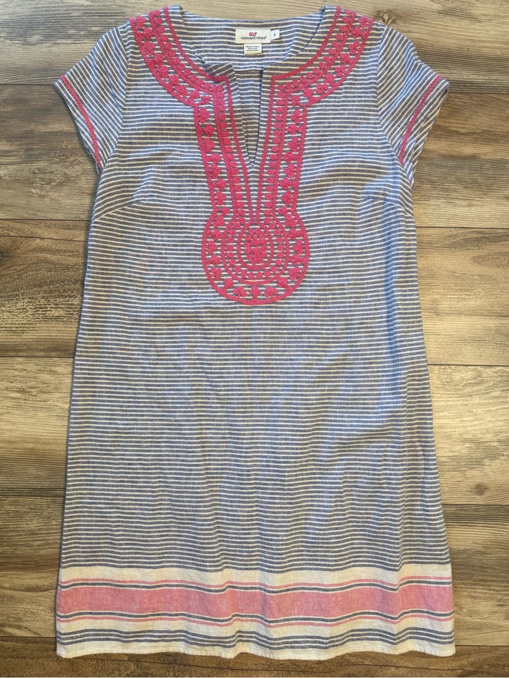 Vineyard Vines Blue and White Striped Mini Dress with Pink Embroidery